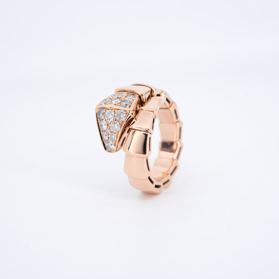 แหวน Bvlgari Serpenti Viper one-coil ring set with pavé diamonds on the head 18K Rose Gold Size S# (Used) #vrbvr 6800