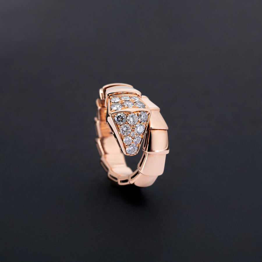 แหวน Bvlgari Serpenti Viper one-coil ring set with pavé diamonds on the head 18K Rose Gold Size S# (Used) #vrbvr 6800