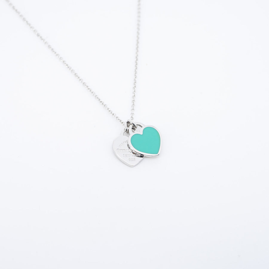 สร้อยและจี้ Tiffany & Co. Return to Tiffany Blue Double Heart Tag Pendant in Silver925 with a Diamond, Small Size 47-45.5cm.# (Used) #vrti 0792