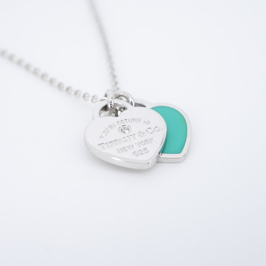 สร้อยและจี้ Tiffany & Co. Return to Tiffany Blue Double Heart Tag Pendant in Silver925 with a Diamond, Small Size 47-45.5cm.# (Used) #vrti 0792