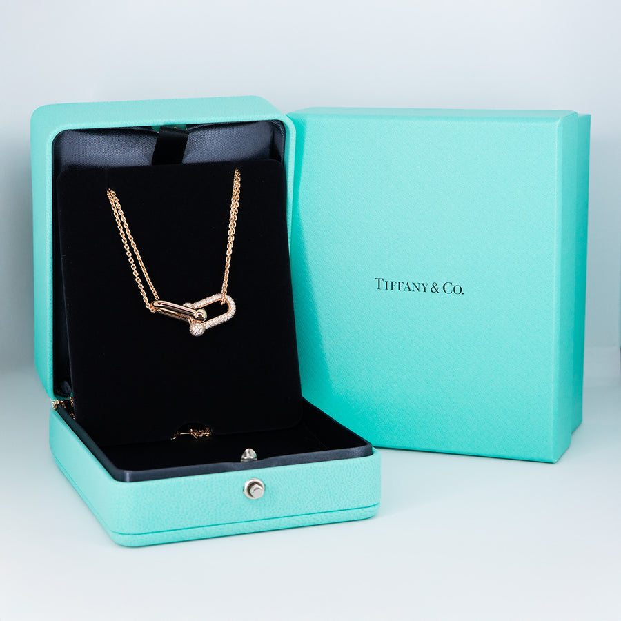 สร้อยและจี้ Tiffany & Co. Tiffany HardWear Large Double Link Pendant with Pave Diamonds 18K Rose Gold Size 40cm.# (Used) #vrti 0827