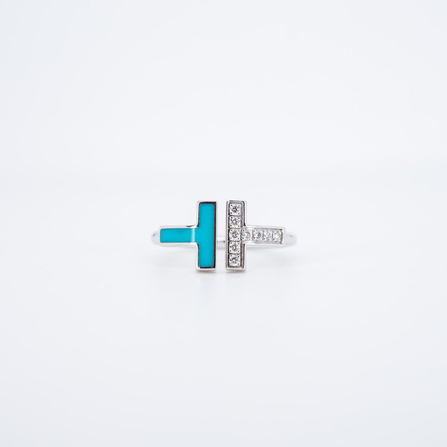 แหวน Tiffany & Co. Tiffany T Diamond and Turquoise Wire Ring 18K White Gold Size 47# (Used) #vrtirimt 6999