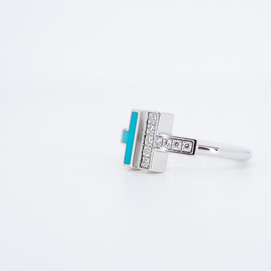 แหวน Tiffany & Co. Tiffany T Diamond and Turquoise Wire Ring 18K White Gold Size 47# (Used) #vrtirimt 6999