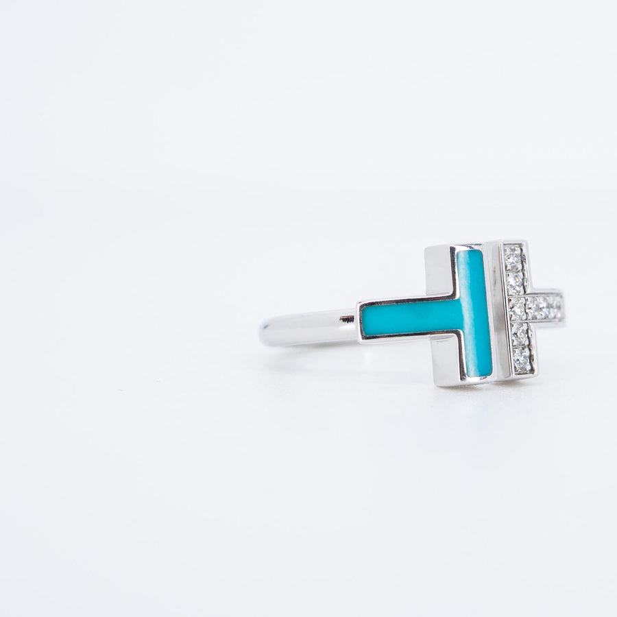 แหวน Tiffany & Co. Tiffany T Diamond and Turquoise Wire Ring 18K White Gold Size 47# (Used) #vrtirimt 6999