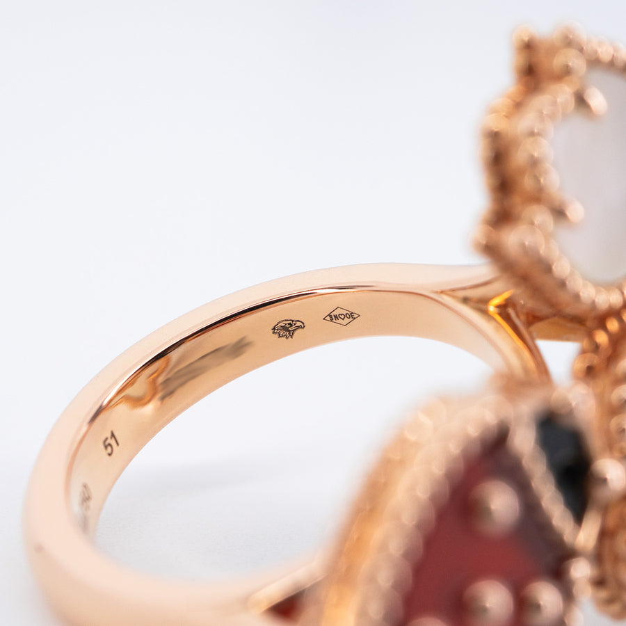 แหวน Van Cleef & Arpels Lucky Spring Between the Finger ring, Carnelian, Mother-of-pearl, Onyx 18K Rose Gold Size 51# (Used) #vrva 0842