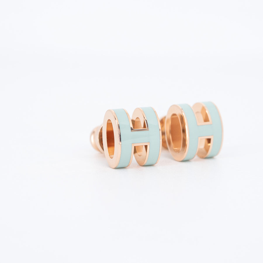 ต่างหู Hermes Mini Pop H earrings, vert peppermint 18K Rose Gold Plated (Used) #vrhe 0847