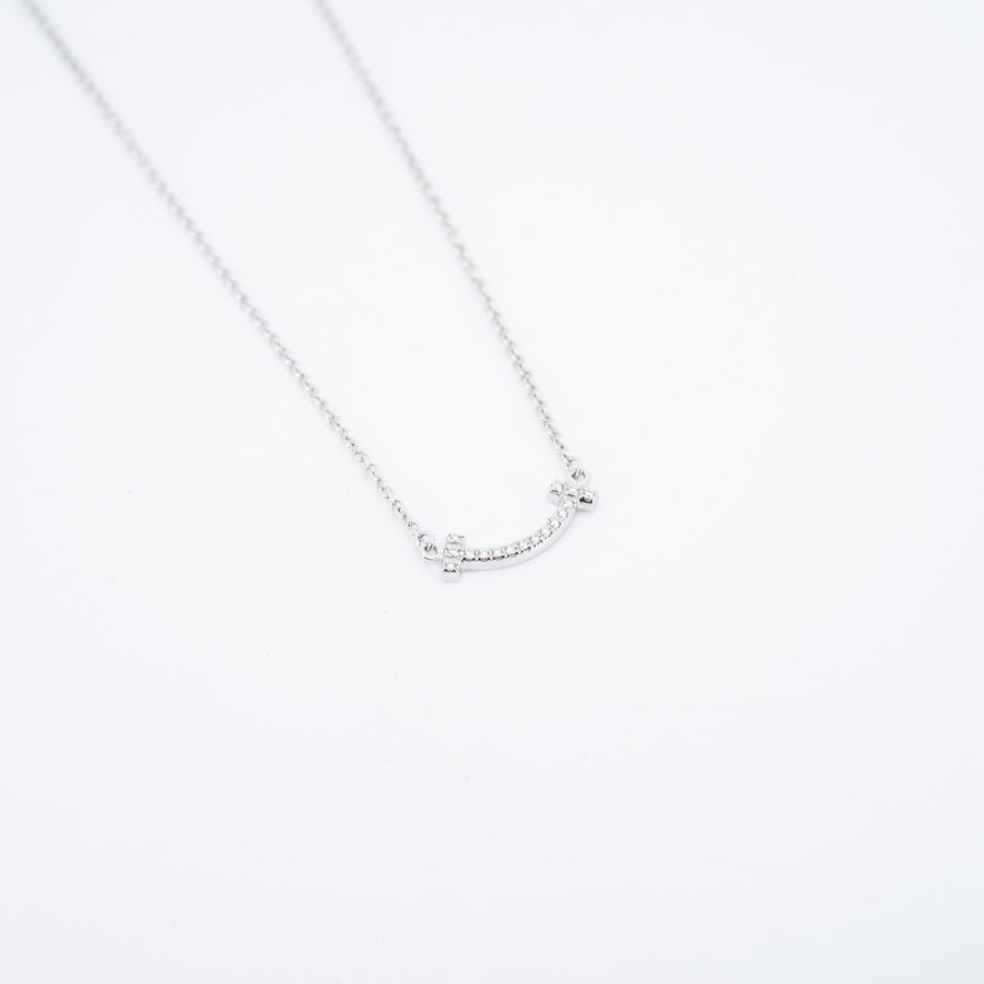 สร้อยและจี้ Tiffany & Co. Tiffany T Smile Pendant with Diamonds 18K White Gold Size 40-45cm.# (Used) #vrti 0891