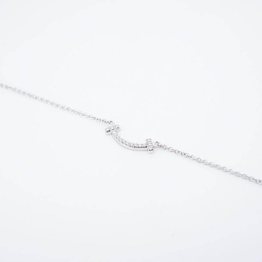 สร้อยและจี้ Tiffany & Co. Tiffany T Smile Pendant with Diamonds 18K White Gold Size 40-45cm.# (Used) #vrti 0891
