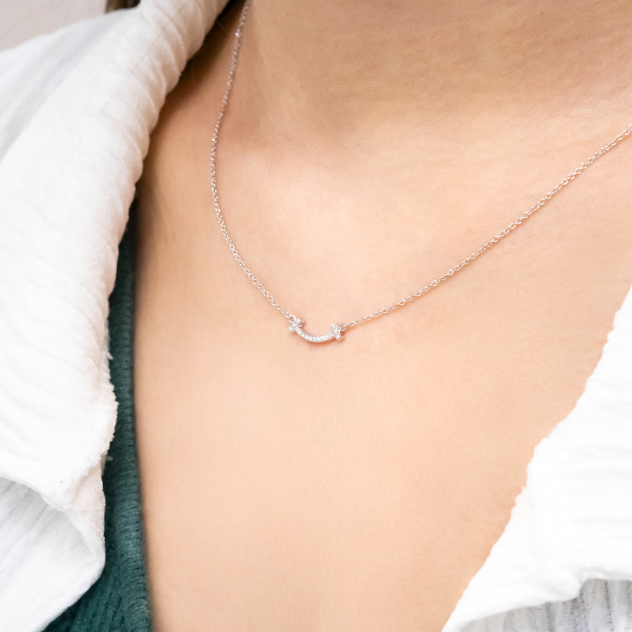 สร้อยและจี้ Tiffany & Co. Tiffany T Smile Pendant with Diamonds 18K White Gold Size 40-45cm.# (Used) #vrti 0891