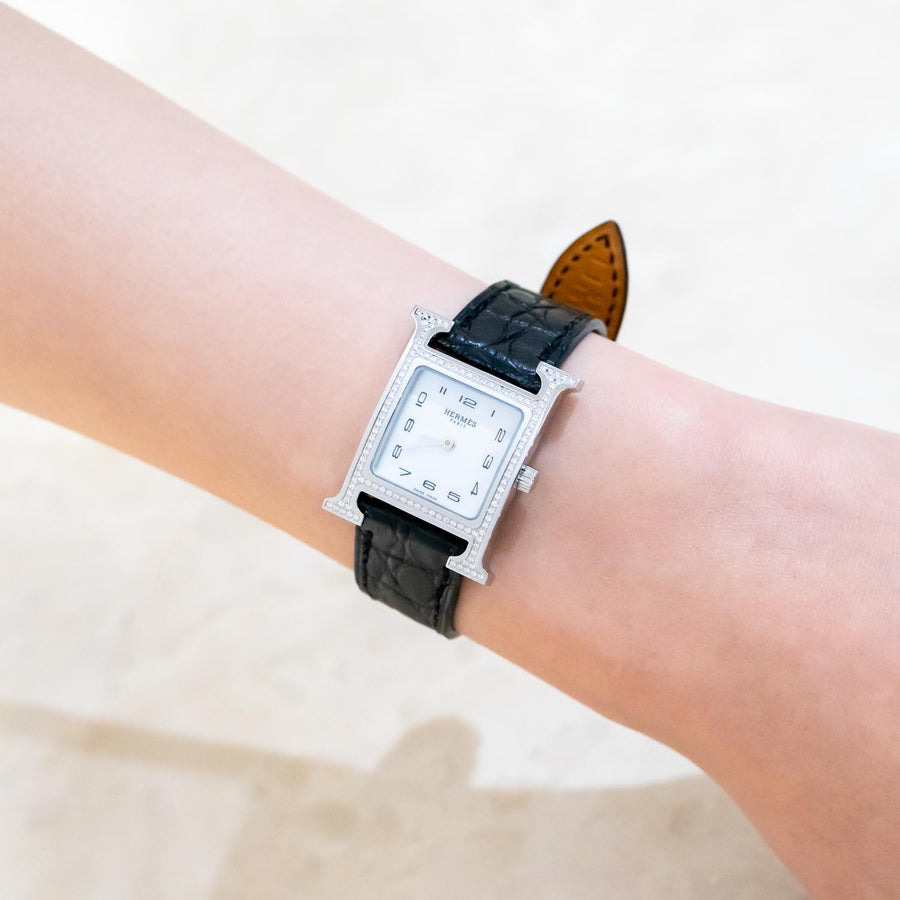 นาฬิกา Hermes Heure H Watch with diamond 0.24ct Stainless Steel Size PM# (Used) #vrhewHIT 7043