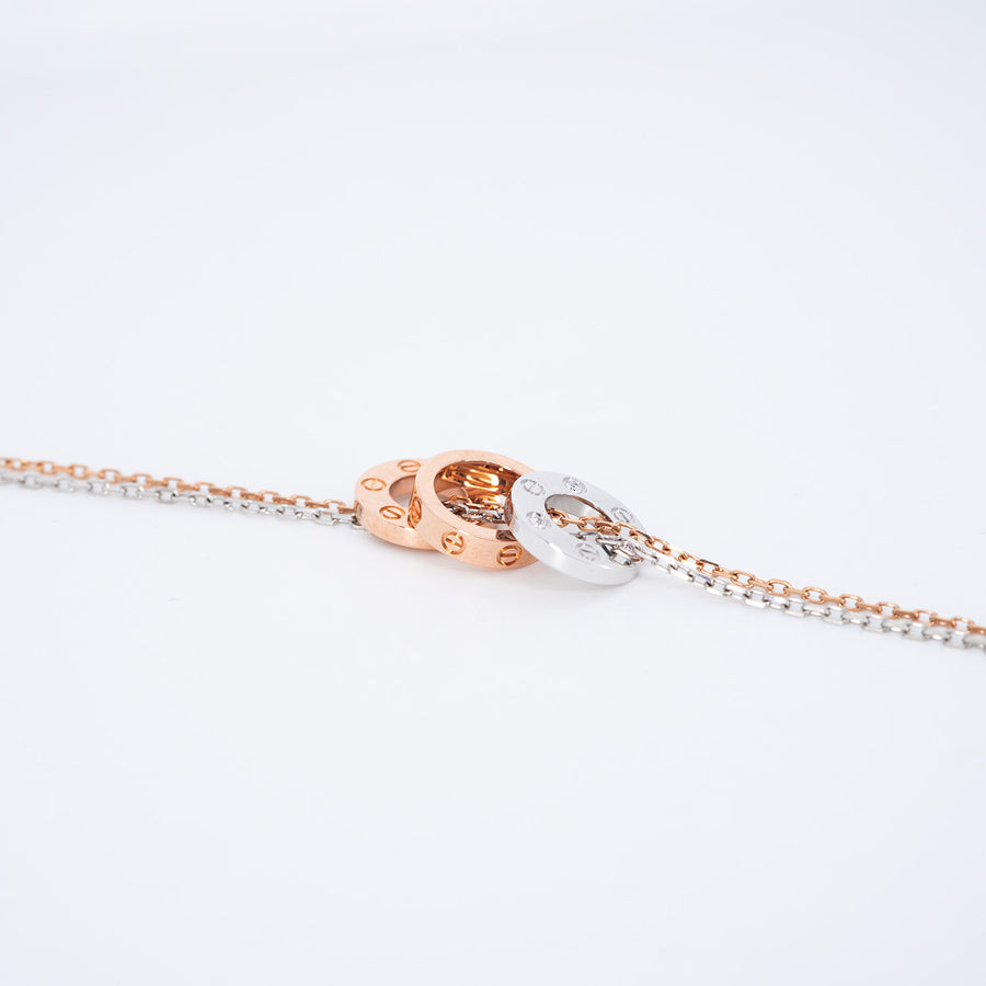 สร้อยและจี้ Cartier Baby Love 3 Pendant with Double chain Necklace, with 6 diamonds White Gold&Rose Gold Size 38-40.5cm.# (Used) #vrcanl 7220