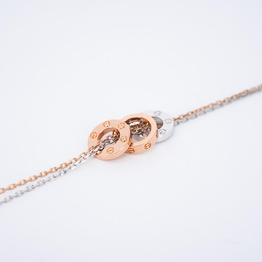 สร้อยและจี้ Cartier Baby Love 3 Pendant with Double chain Necklace, with 6 diamonds White Gold&Rose Gold Size 38-40.5cm.# (Used) #vrcanl 7220