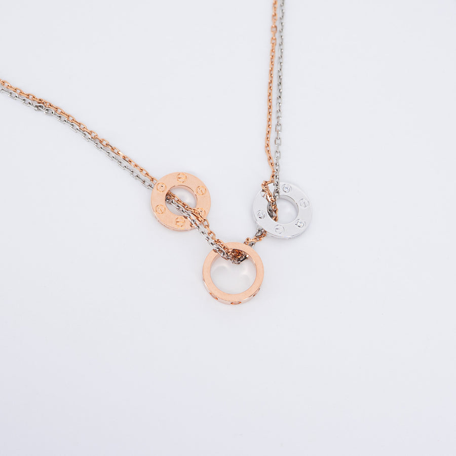 สร้อยและจี้ Cartier Baby Love 3 Pendant with Double chain Necklace, with 6 diamonds White Gold&Rose Gold Size 38-40.5cm.# (Used) #vrcanl 7220