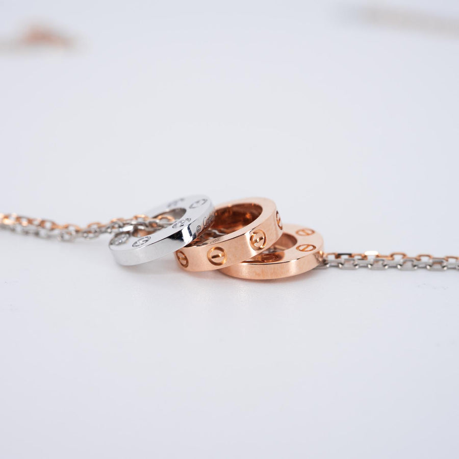 สร้อยและจี้ Cartier Baby Love 3 Pendant with Double chain Necklace, with 6 diamonds White Gold&Rose Gold Size 38-40.5cm.# (Used) #vrcanl 7220