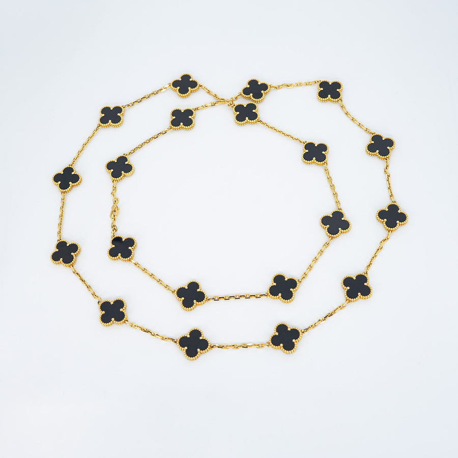 สร้อยคอ Van Cleef & Arpels Vintage Alhambra long necklace, 20 motifs, Onyx 18K Yellow Gold Size 85cm.# (Used) #vrva 0926
