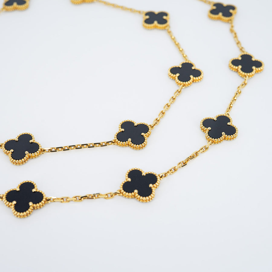 สร้อยคอ Van Cleef & Arpels Vintage Alhambra long necklace, 20 motifs, Onyx 18K Yellow Gold Size 85cm.# (Used) #vrva 0926