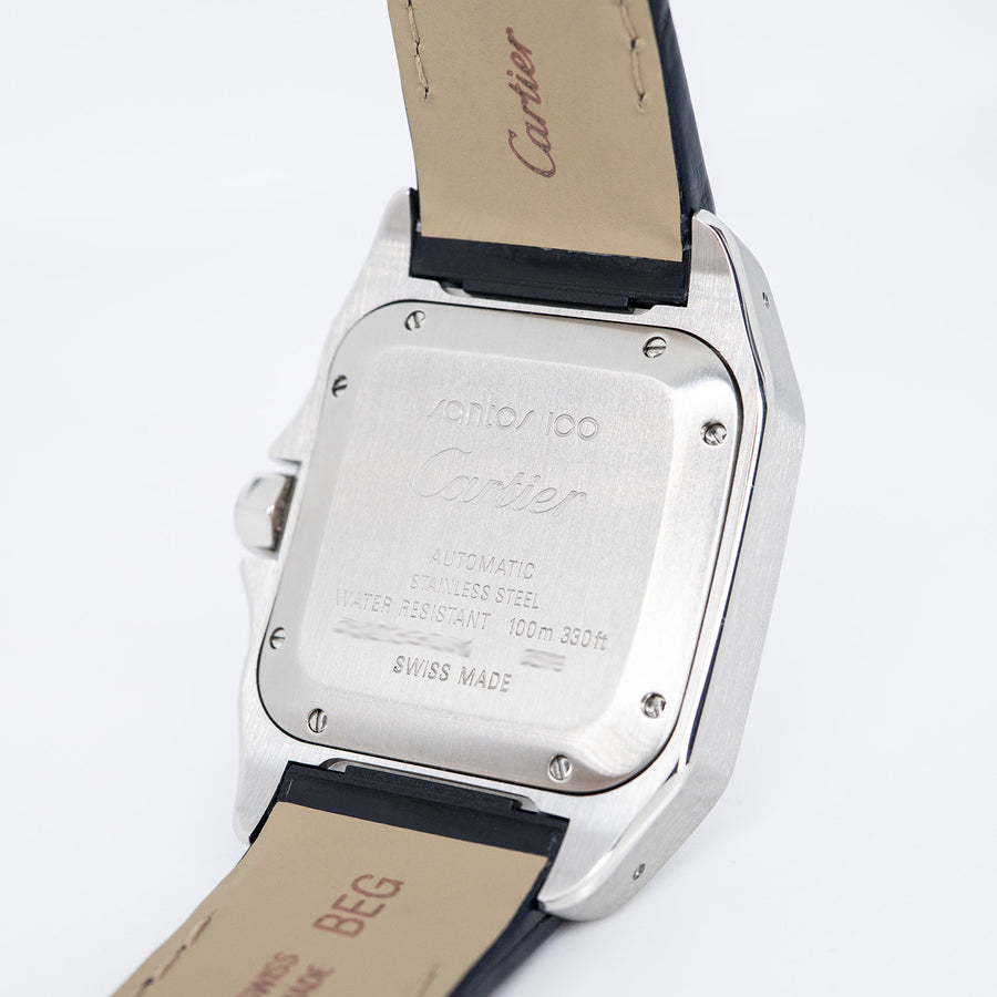 นาฬิกา Cartier Santos 100 watch, Medium model, automatic movement, steel, leather Stainless Steel Size M# (Used) #vrca 1037