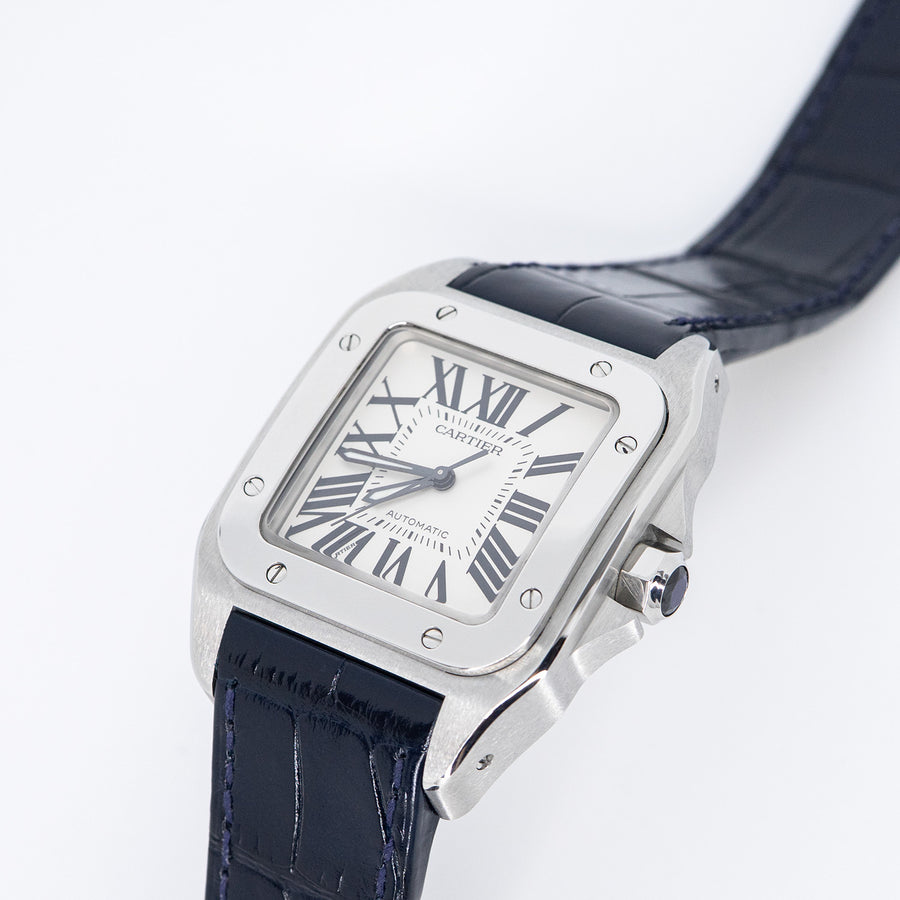 นาฬิกา Cartier Santos 100 watch, Medium model, automatic movement, steel, leather Stainless Steel Size M# (Used) #vrca 1037