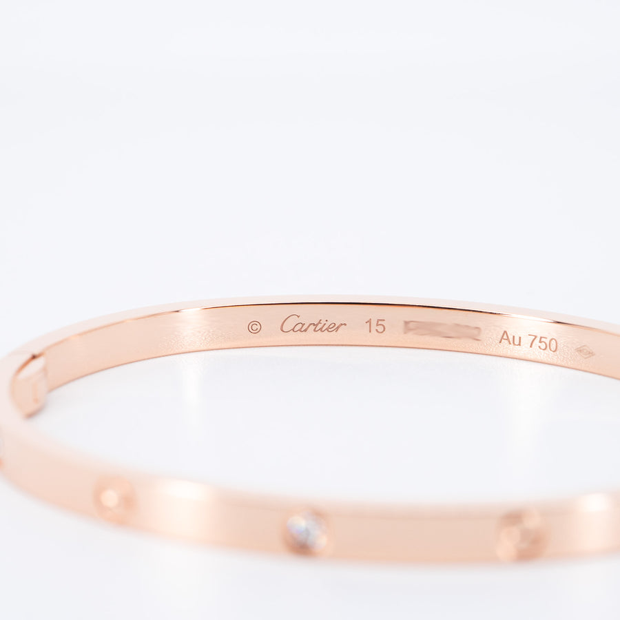 กำไลข้อมือ Cartier Love Bracelet, Small Model, 6 Diamonds 18K Rose Gold Size 15# (Used) #vrca 0943