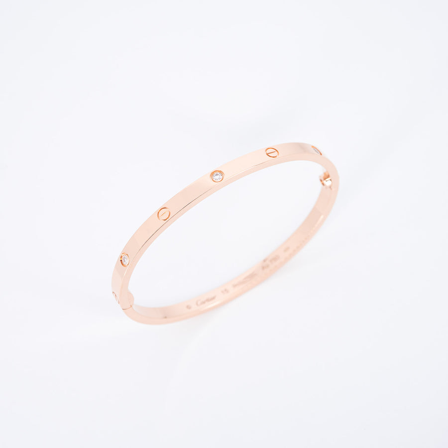 กำไลข้อมือ Cartier Love Bracelet, Small Model, 6 Diamonds 18K Rose Gold Size 15# (Used) #vrca 0943