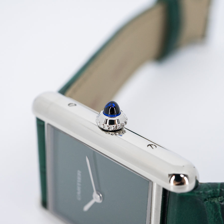 นาฬิกา Cartier Tank Must de Cartier, Large Model, Green lacquer-effect dial, High autonomy Quartz Movoment, Steel , Leather (kept unused) Stainless Steel Size L# (Used) #vrcaw 7372