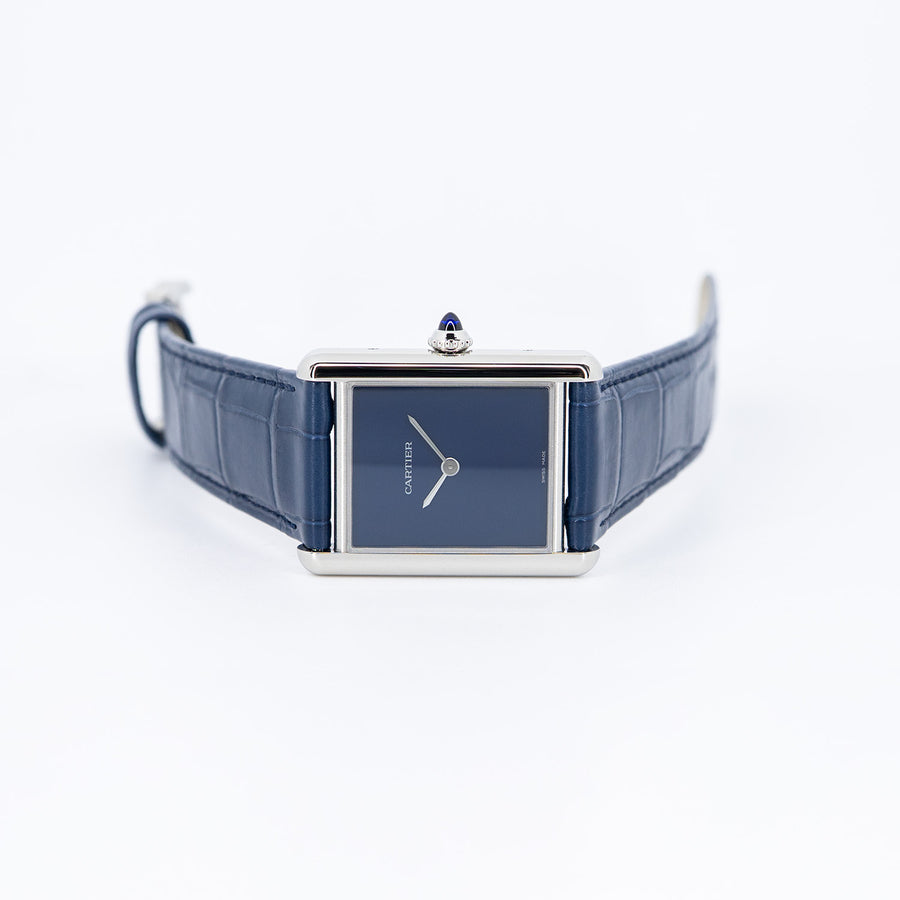 นาฬิกา Cartier Tank Must de Cartier, Large Model, Blue lacquer-effect dial, High autonomy Quartz Movoment, Steel , Leather (kept unused) Stainless Steel Size L# (Used) #vrcaw 7374