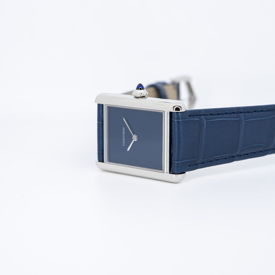นาฬิกา Cartier Tank Must de Cartier, Large Model, Blue lacquer-effect dial, High autonomy Quartz Movoment, Steel , Leather (kept unused) Stainless Steel Size L# (Used) #vrcaw 7374