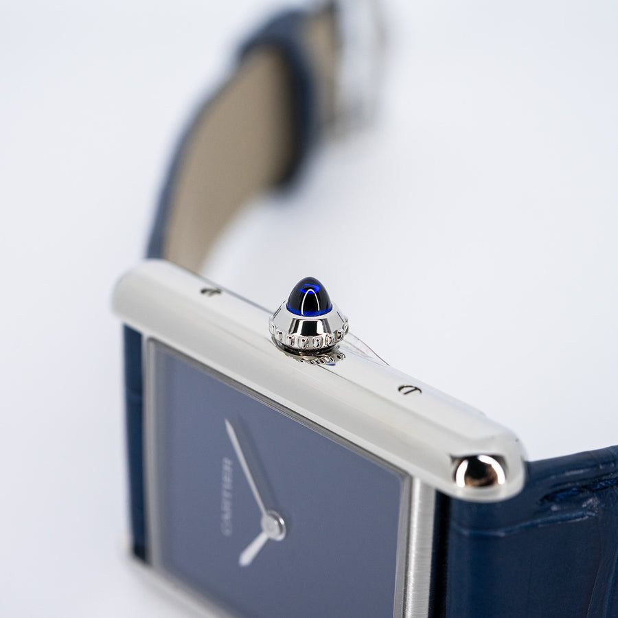 นาฬิกา Cartier Tank Must de Cartier, Large Model, Blue lacquer-effect dial, High autonomy Quartz Movoment, Steel , Leather (kept unused) Stainless Steel Size L# (Used) #vrcaw 7374