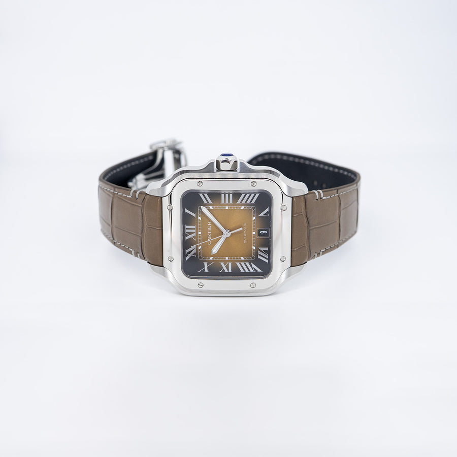 นาฬิกา Cartier Santos de Cartier watch, large model, mechanical movement with automatic winding, satin-finish gradated brown sunray-brushed dial Steel Size L# (Used) #vrcaw 7385