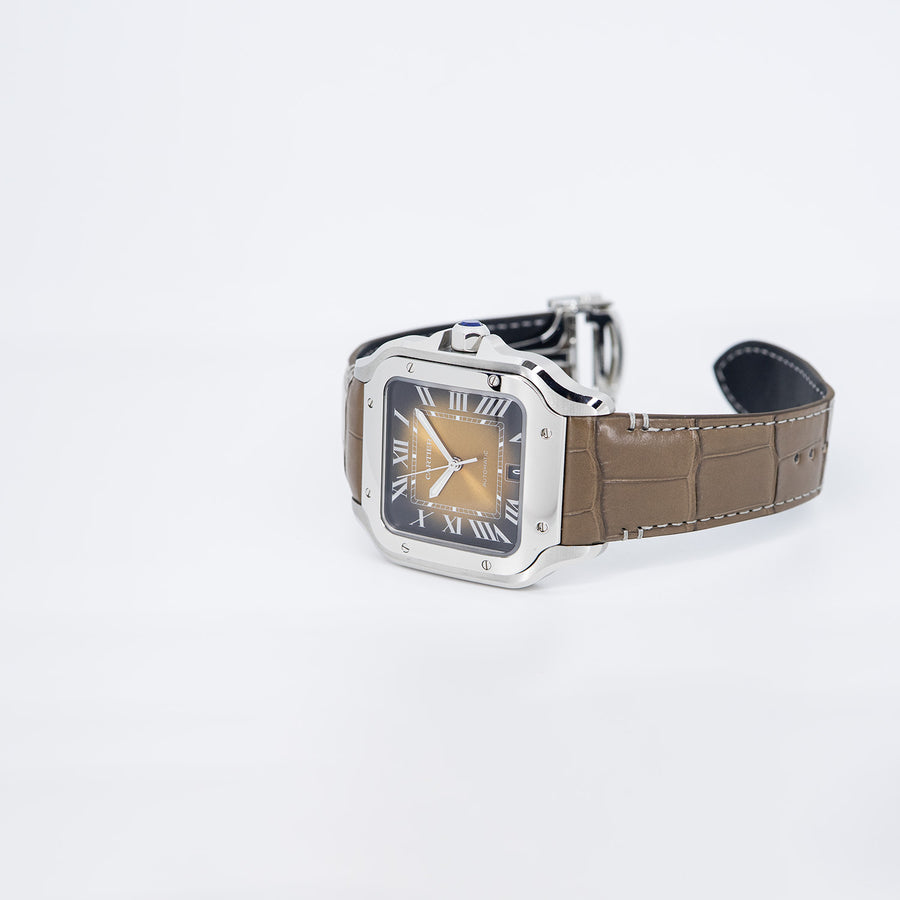 นาฬิกา Cartier Santos de Cartier watch, large model, mechanical movement with automatic winding, satin-finish gradated brown sunray-brushed dial Steel Size L# (Used) #vrcaw 7385