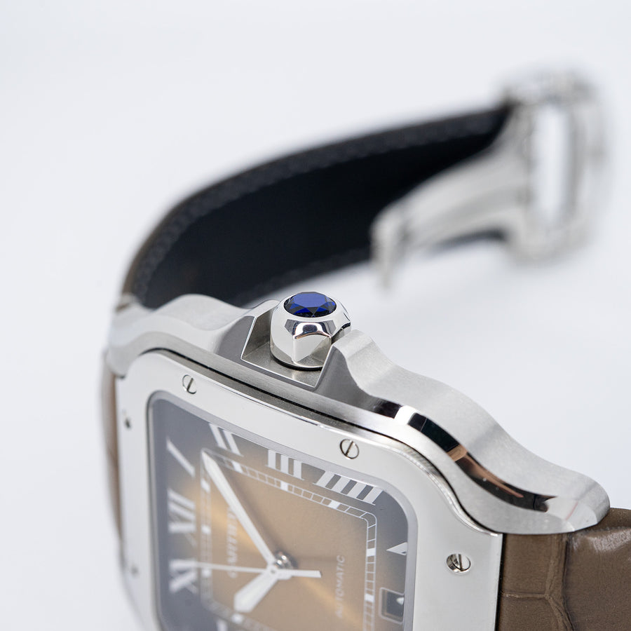 นาฬิกา Cartier Santos de Cartier watch, large model, mechanical movement with automatic winding, satin-finish gradated brown sunray-brushed dial Steel Size L# (Used) #vrcaw 7385