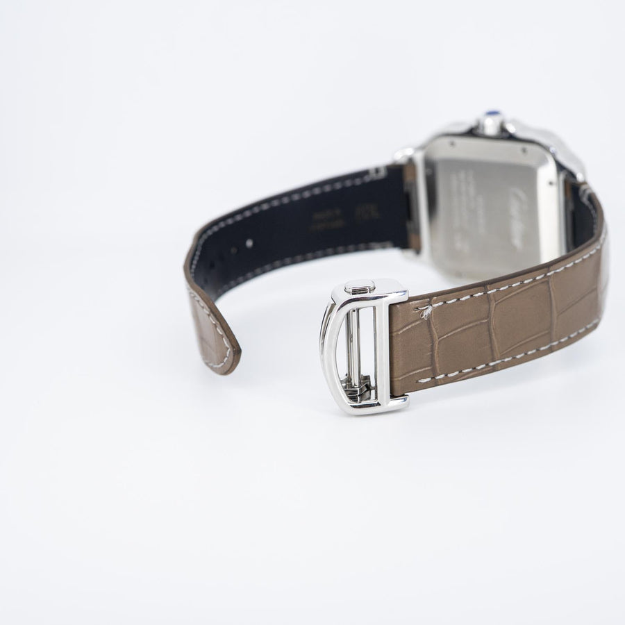 นาฬิกา Cartier Santos de Cartier watch, large model, mechanical movement with automatic winding, satin-finish gradated brown sunray-brushed dial Steel Size L# (Used) #vrcaw 7385