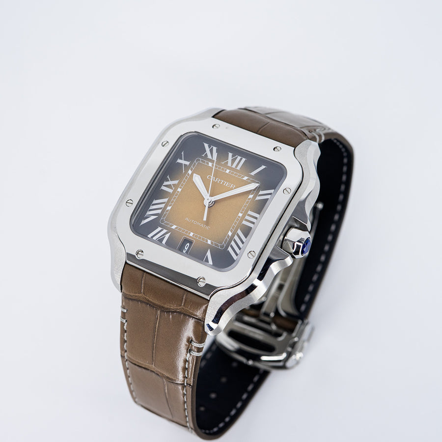 นาฬิกา Cartier Santos de Cartier watch, large model, mechanical movement with automatic winding, satin-finish gradated brown sunray-brushed dial Steel Size L# (Used) #vrcaw 7385