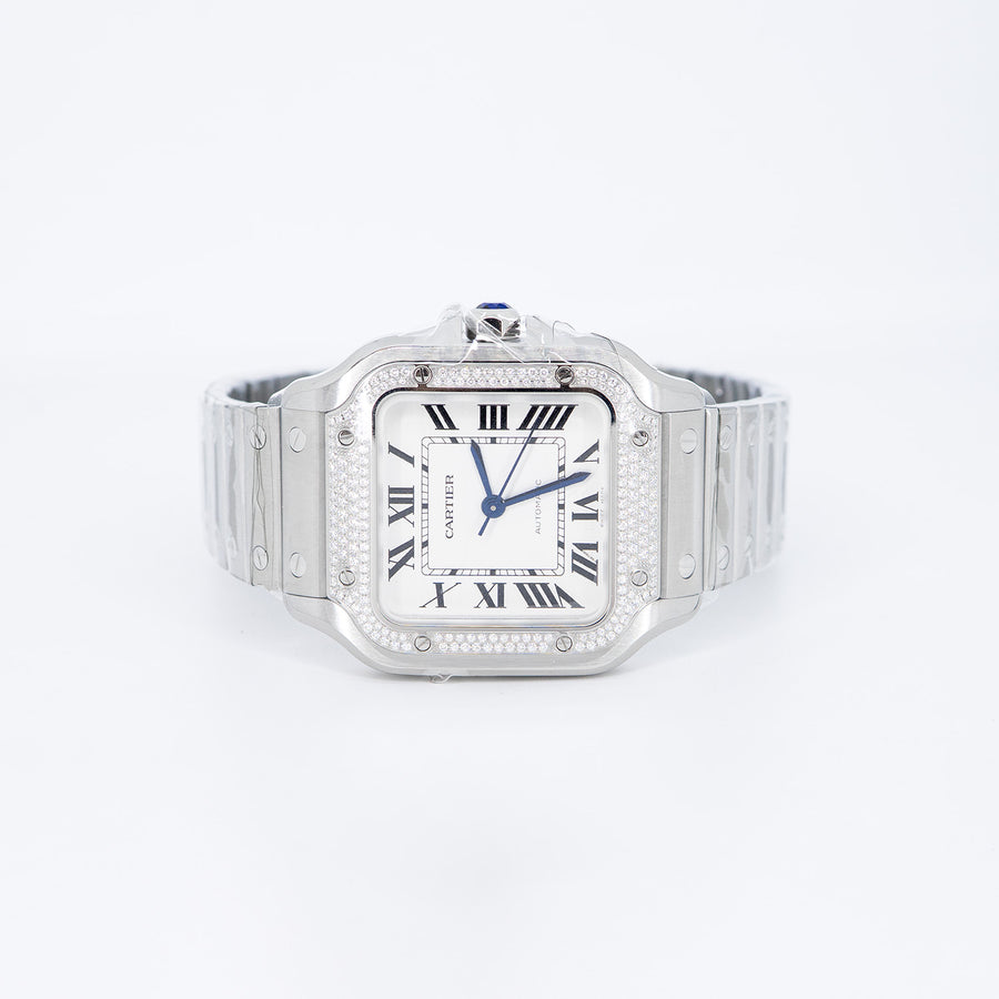 นาฬิกา Cartier Santos watch, medium model, mechanical movement with automatic winding, caliber 1847 MC. Steel case, steel bezel set with 206 brilliant-cut diamonds totaling 0.64 carats Stainless Steel Size M# (Used) #vrca 0957