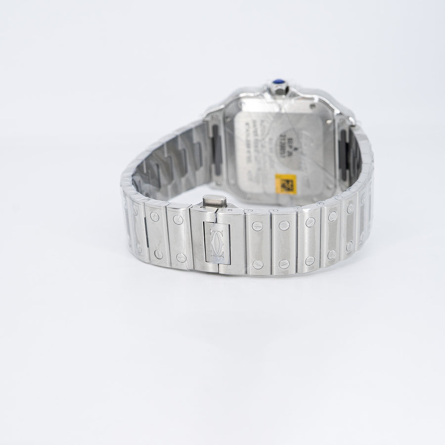 นาฬิกา Cartier Santos watch, medium model, mechanical movement with automatic winding, caliber 1847 MC. Steel case, steel bezel set with 206 brilliant-cut diamonds totaling 0.64 carats Stainless Steel Size M# (Used) #vrca 0957