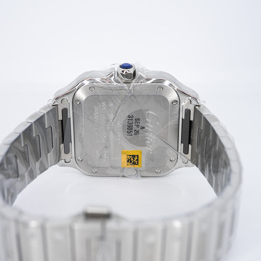 นาฬิกา Cartier Santos watch, medium model, mechanical movement with automatic winding, caliber 1847 MC. Steel case, steel bezel set with 206 brilliant-cut diamonds totaling 0.64 carats Stainless Steel Size M# (Used) #vrca 0957