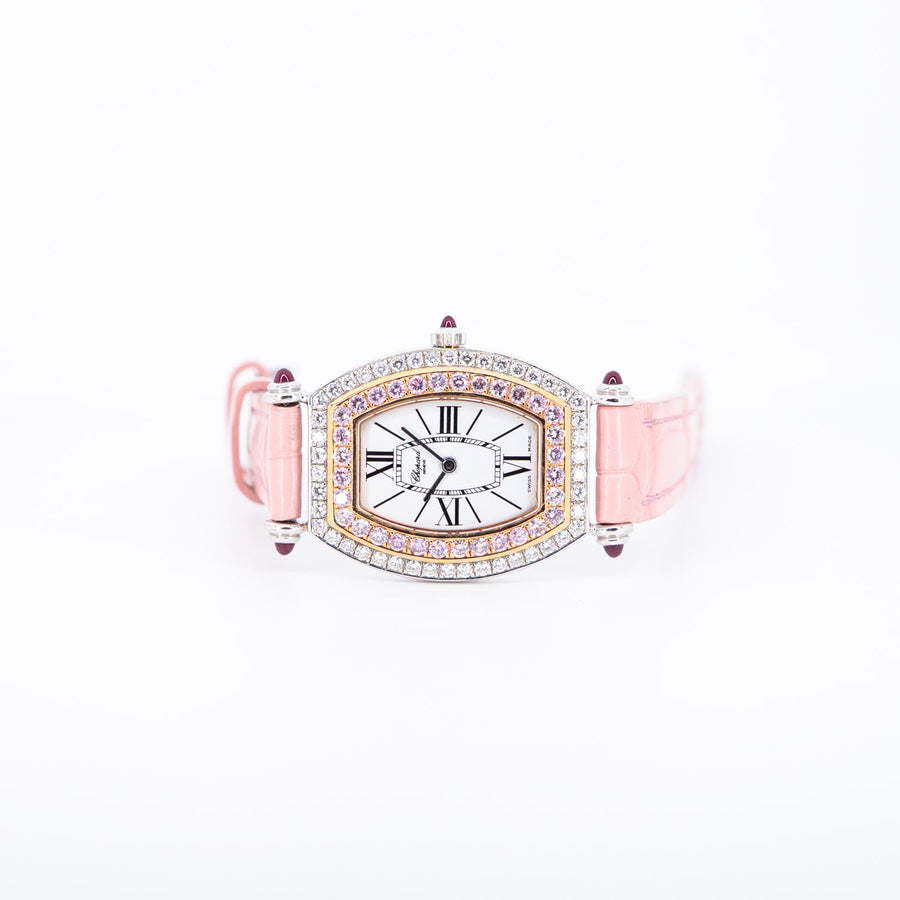 นาฬิกา Chopard La Vie En Rose in Steel with Diamond Bezel on Pink Alligator Leather Strap Rose Gold Size 28mm.# (Used) #vrcho 0954