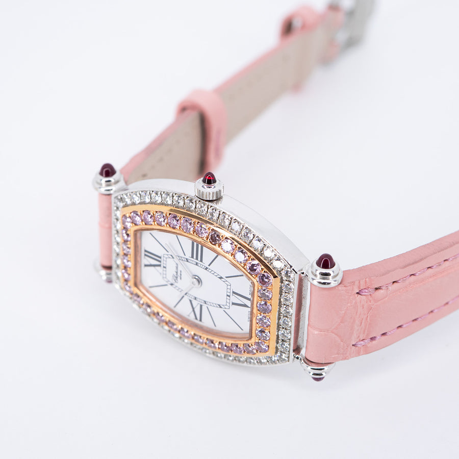 นาฬิกา Chopard La Vie En Rose in Steel with Diamond Bezel on Pink Alligator Leather Strap Rose Gold Size 28mm.# (Used) #vrcho 0954