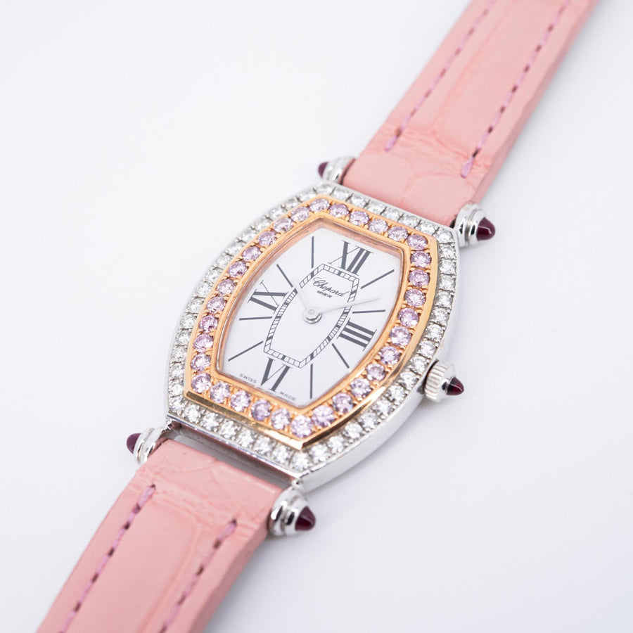 นาฬิกา Chopard La Vie En Rose in Steel with Diamond Bezel on Pink Alligator Leather Strap Rose Gold Size 28mm.# (Used) #vrcho 0954