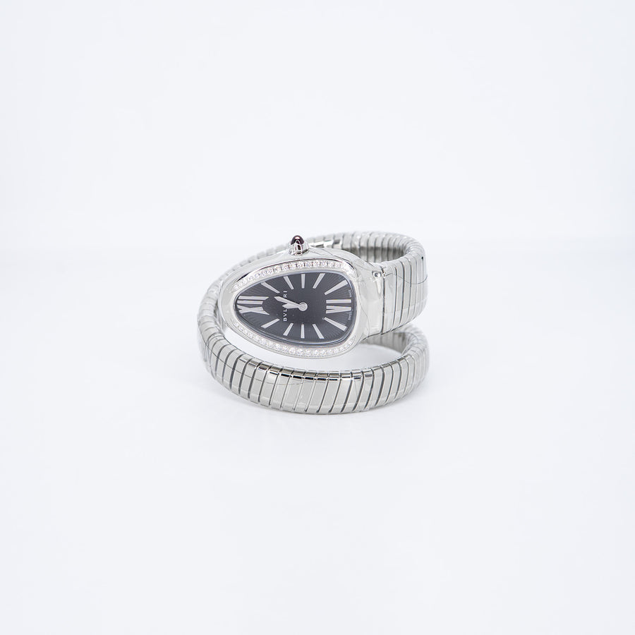 **Hold K.M**นาฬิกา Bvlgari Serpenti Tubogas single spiral watch with stainless steel case and bracelet, bezel set with brilliant-cut diamonds and black dial with guilloché soleil treatment Stainless Steel Size S# (Used) #vrbv 0984