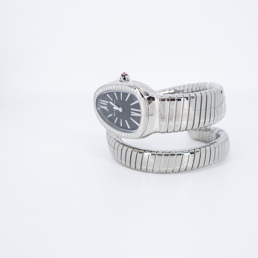 **Hold K.M**นาฬิกา Bvlgari Serpenti Tubogas single spiral watch with stainless steel case and bracelet, bezel set with brilliant-cut diamonds and black dial with guilloché soleil treatment Stainless Steel Size S# (Used) #vrbv 0984