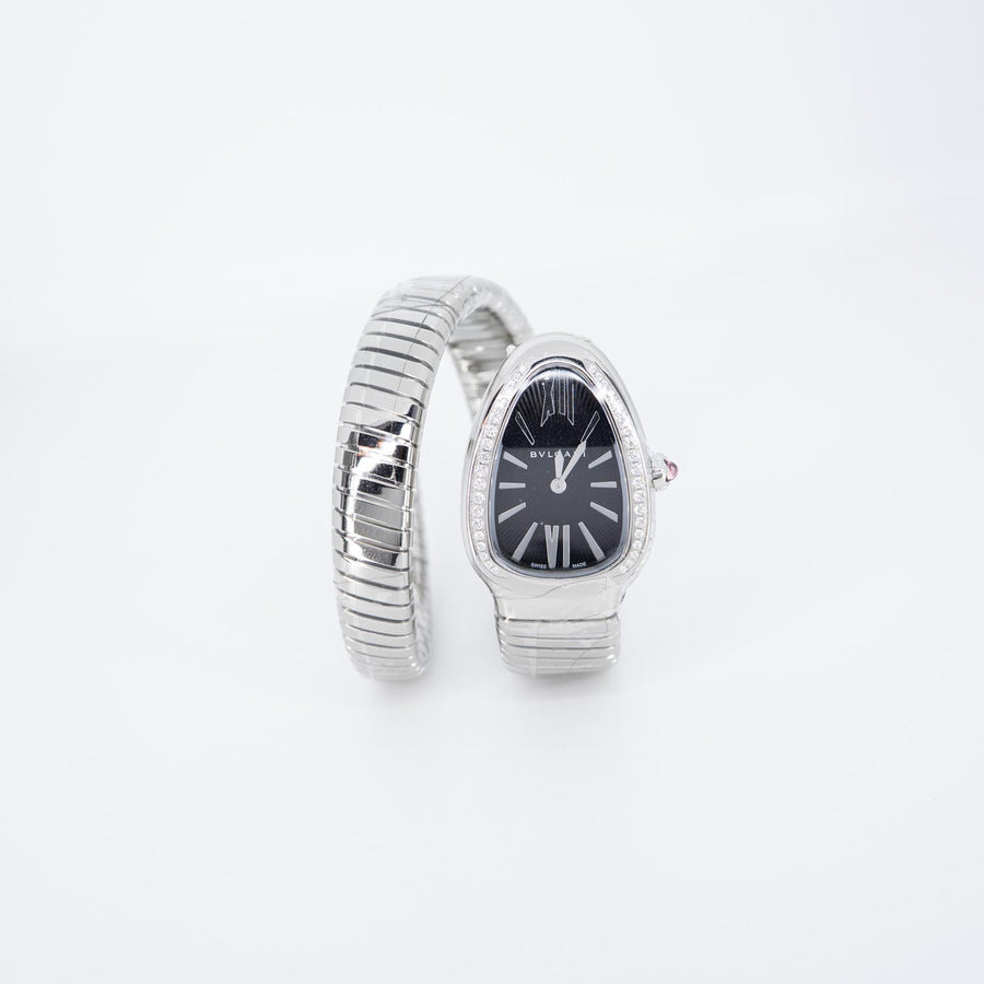 **Hold K.M**นาฬิกา Bvlgari Serpenti Tubogas single spiral watch with stainless steel case and bracelet, bezel set with brilliant-cut diamonds and black dial with guilloché soleil treatment Stainless Steel Size S# (Used) #vrbv 0984