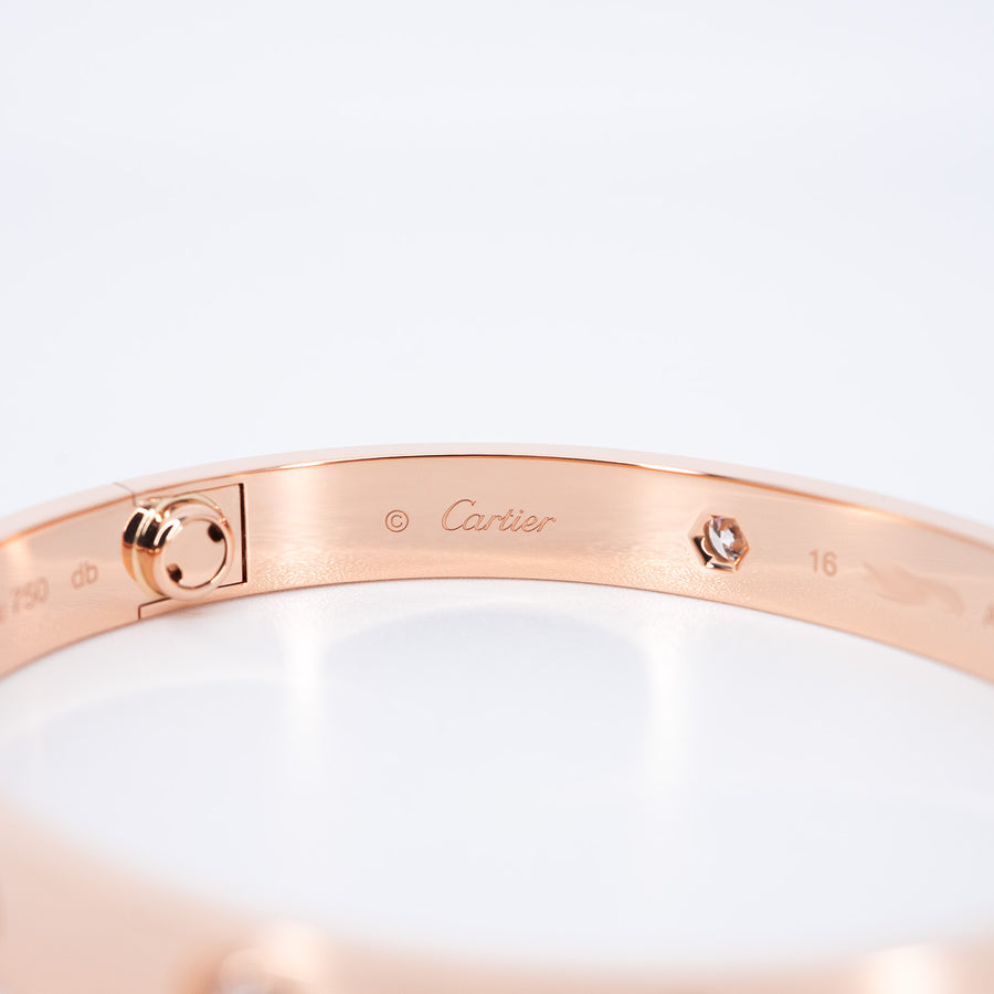 กำไลข้อมือ Cartier Love Bracelet, 4 diamonds 18K Rose Gold Size 16# (Used) #vrcab 7486
