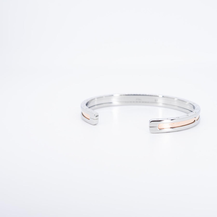 กำไลข้อมือ Bvlgari B.zero1 Cuff Bracelet in Stainless steel and Rose Gold Size S# (Used) #vrbvb 7500