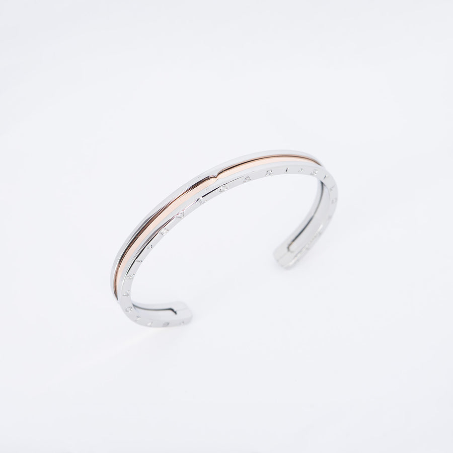กำไลข้อมือ Bvlgari B.zero1 Cuff Bracelet in Stainless steel and Rose Gold Size S# (Used) #vrbvb 7500