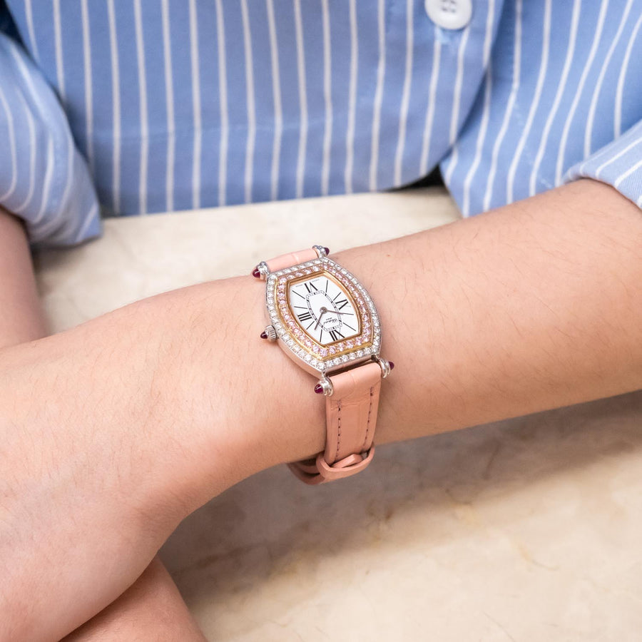 นาฬิกา Chopard La Vie En Rose in Steel with Diamond Bezel on Pink Alligator Leather Strap Rose Gold Size 28mm.# (Used) #vrcho 0954