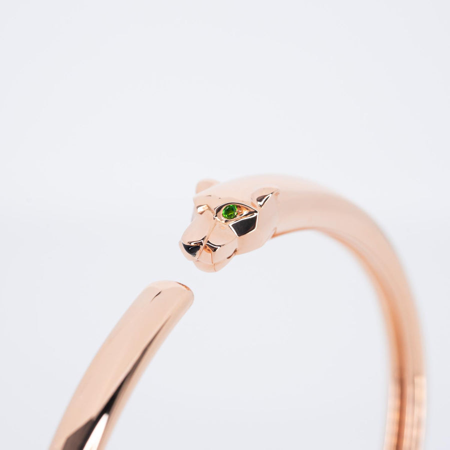 **Sold**กำไลข้อมือ Cartier Panthère de Cartier bracelet, onyx, set with 2 tsavorite garnets 18K Rose Gold Size 17# (Used) #vrcab 7570