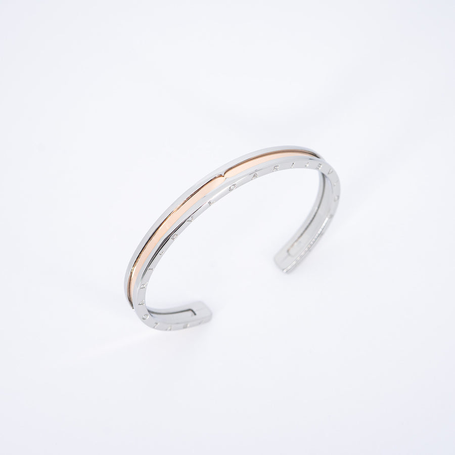 กำไลข้อมือ Bvlgari B.zero1 Cuff Bracelet in Stainless steel and Rose Gold Size SM# (Used) #vrbv 0996