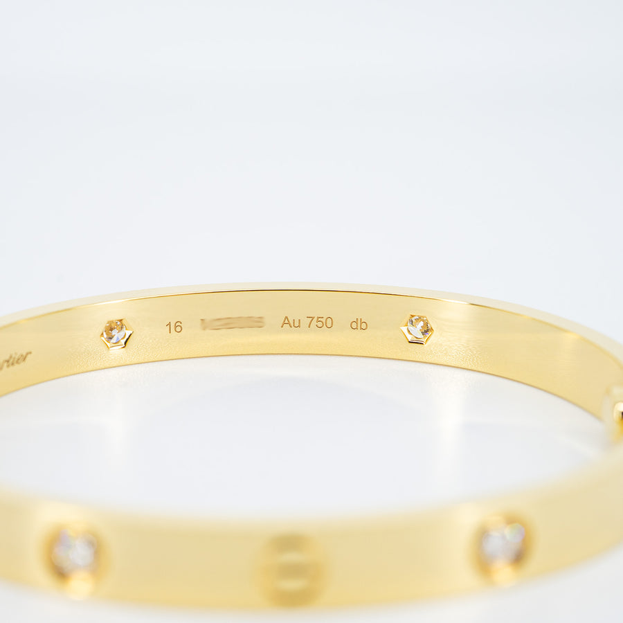 กำไลข้อมือ Cartier Love Bracelet, 4 diamonds 18K Yellow Gold Size 16# (Used) #vrca 1006