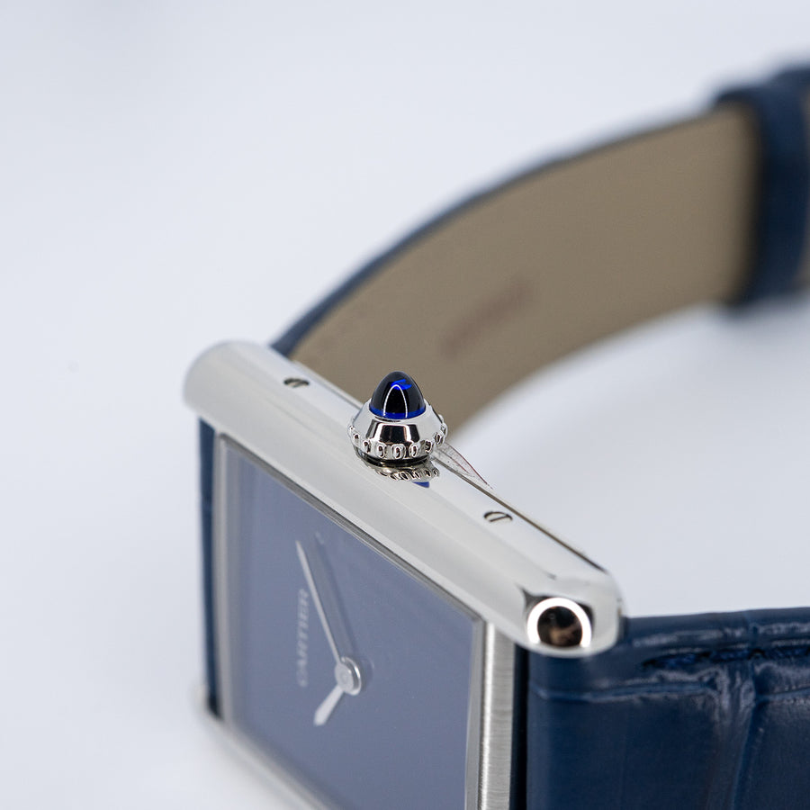 นาฬิกา Cartier Tank Must de Cartier, Large Model, Blue lacquer-effect dial, High autonomy Quartz Movoment, Steel , Leather Size L# (Used) #vrcaw 7625